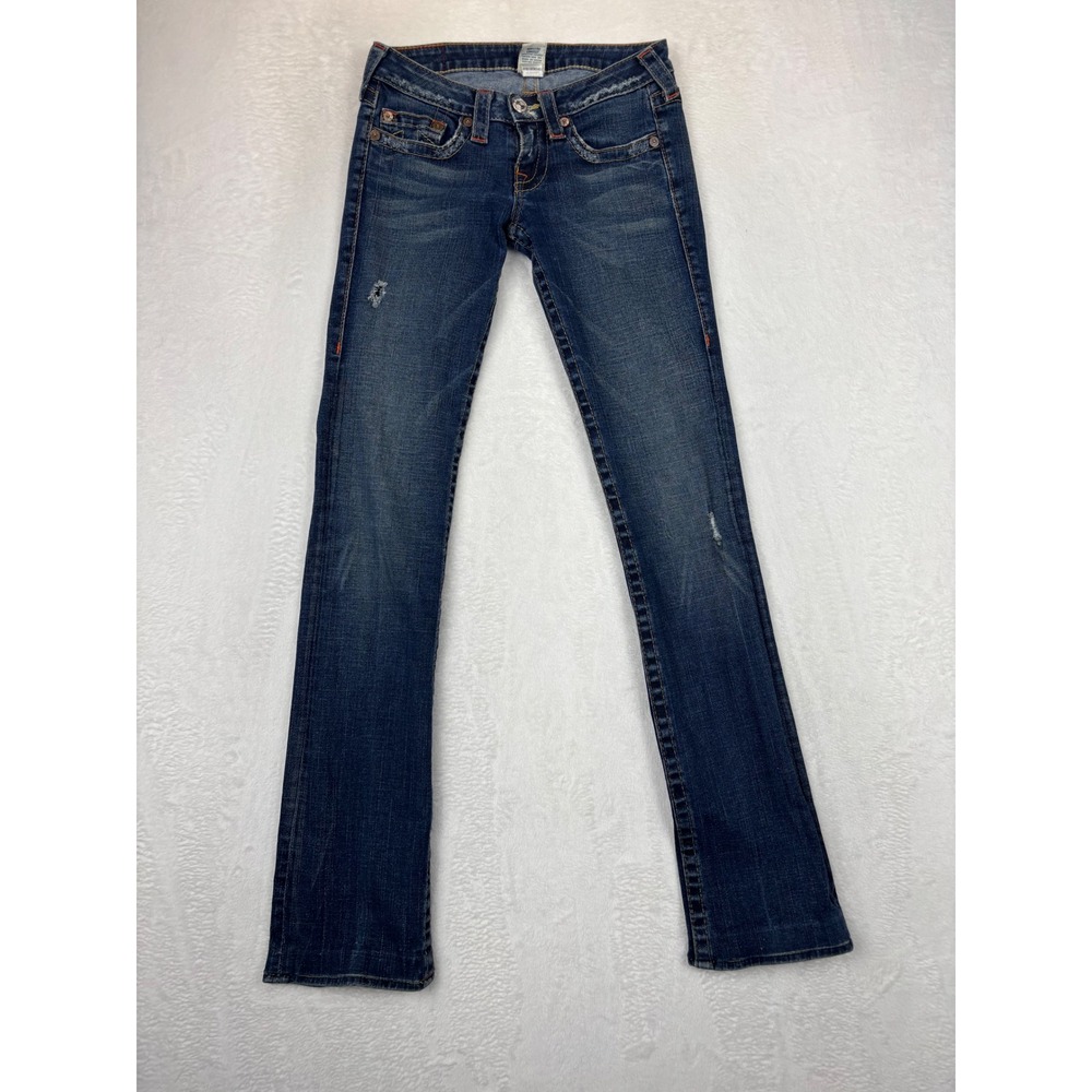 True Religion Women's 27 Johnny Low Rise Grungy Biker Jeans Dark Wash USA Made